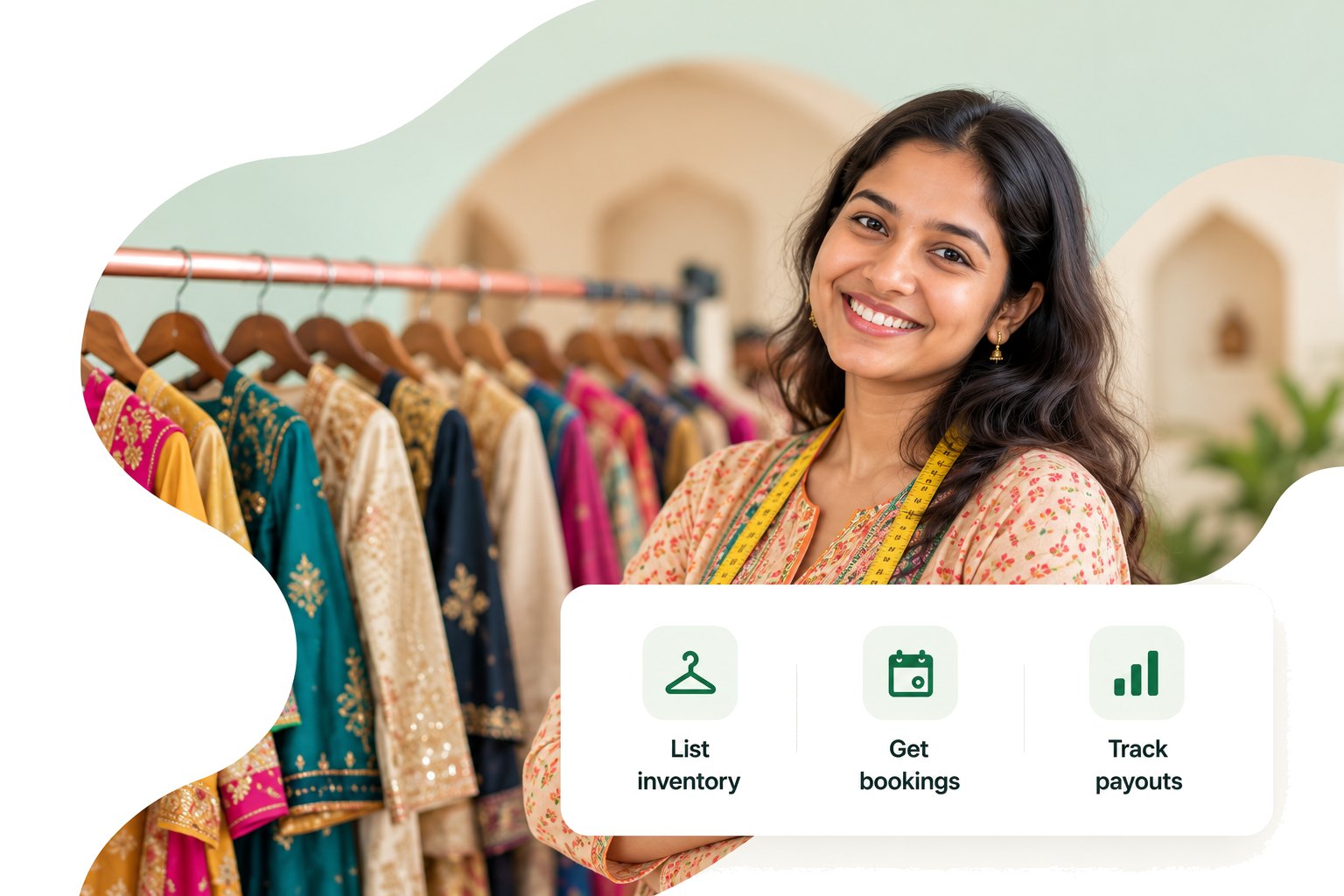 A smiling boutique owner beside a rack of colourful ethnic outfits, with RentFit vendor features: list inventory, get bookings, track payouts